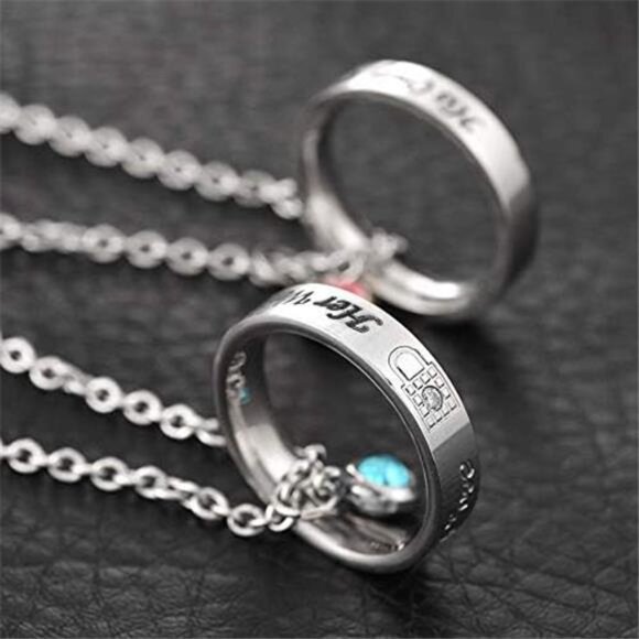 Matching Necklaces for Couples, His and Hers Engraved Rhinestone Ring Pendant - Picture 3 of 7